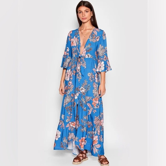 Maaji Floret Myla Kimono Blue Floral Cover Up Maxi Dress Size‎ Small - Picture 4 of 14